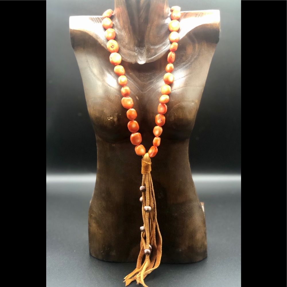 Coral Beaded Necklace with gray pearls